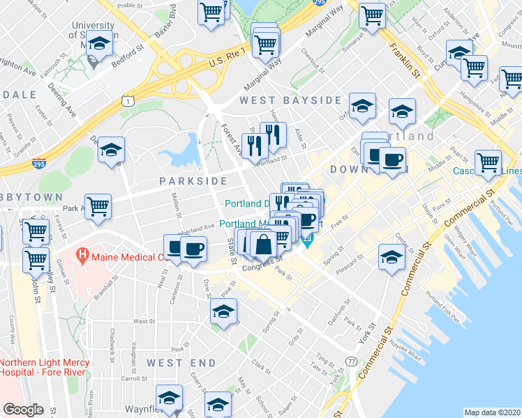 map of restaurants, bars, coffee shops, grocery stores, and more near 433 Cumberland Avenue in Portland