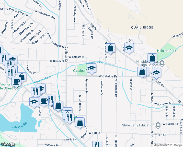 map of restaurants, bars, coffee shops, grocery stores, and more near 4426 Catalpa Drive in Boise
