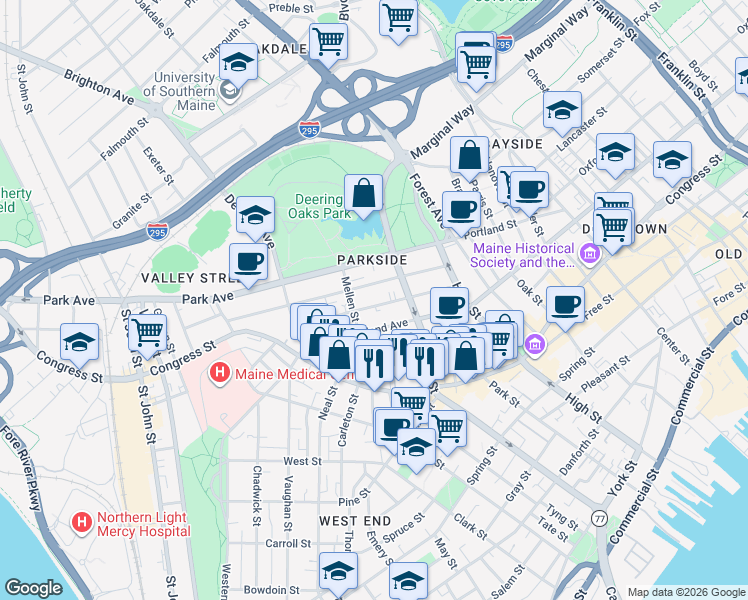 map of restaurants, bars, coffee shops, grocery stores, and more near 61 Sherman Street in Portland