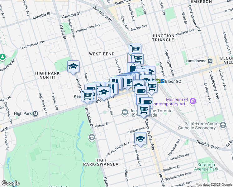 map of restaurants, bars, coffee shops, grocery stores, and more near in Toronto