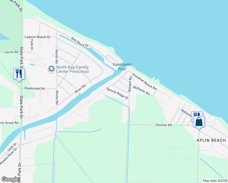 map of restaurants, bars, coffee shops, grocery stores, and more near 49 Pine Ridge Drive in Bay City
