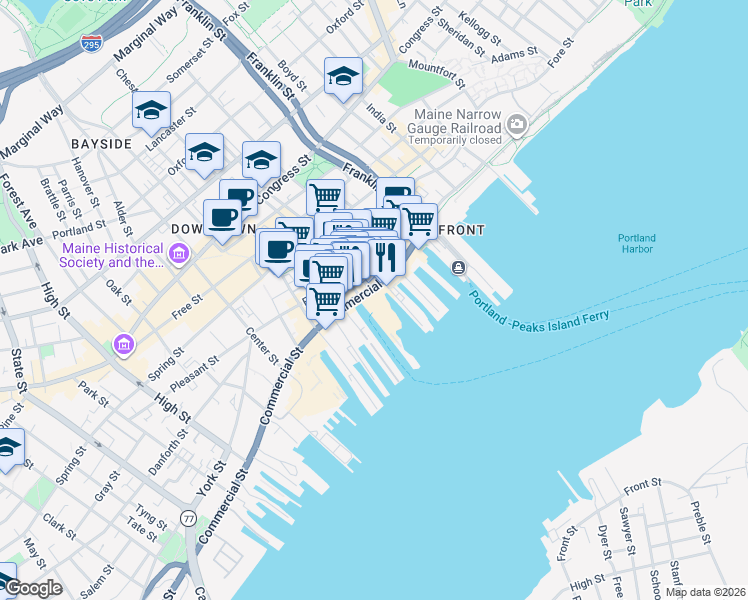 map of restaurants, bars, coffee shops, grocery stores, and more near 5 Portland Pier in Portland