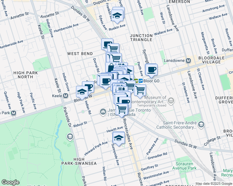 map of restaurants, bars, coffee shops, grocery stores, and more near in Toronto