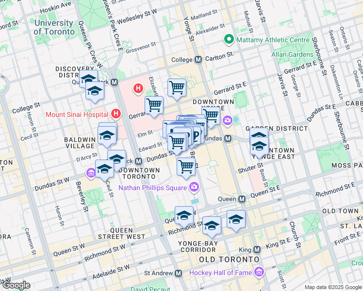 map of restaurants, bars, coffee shops, grocery stores, and more near 110 Dundas Street West in Toronto