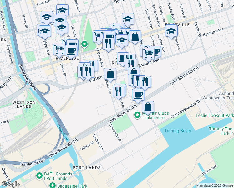 map of restaurants, bars, coffee shops, grocery stores, and more near 46 Logan Avenue in Toronto