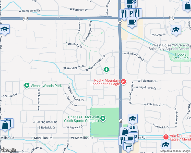 map of restaurants, bars, coffee shops, grocery stores, and more near 14192 West Chadford Drive in Boise