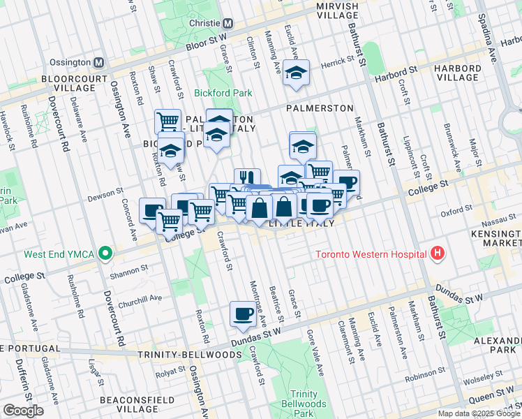 map of restaurants, bars, coffee shops, grocery stores, and more near 176 Grace Street in Toronto