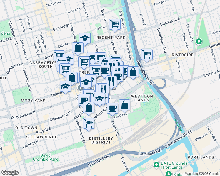 map of restaurants, bars, coffee shops, grocery stores, and more near 476 King Street East in Toronto