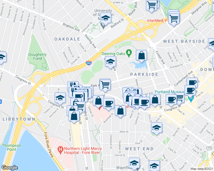 map of restaurants, bars, coffee shops, grocery stores, and more near 202 Park Avenue in Portland