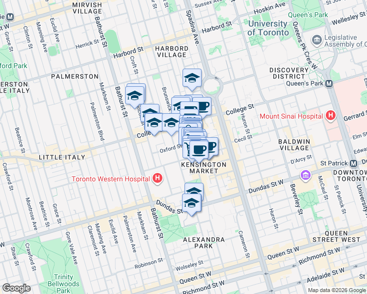 map of restaurants, bars, coffee shops, grocery stores, and more near 87 Oxford Street in Toronto