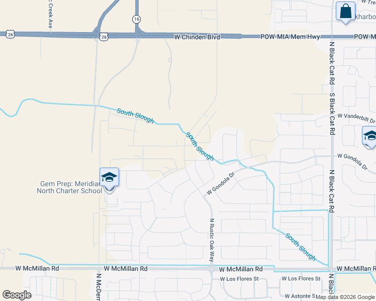 map of restaurants, bars, coffee shops, grocery stores, and more near 5952 North Serenity Lane in Meridian