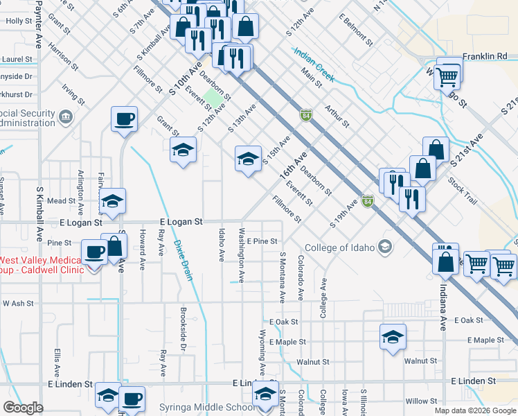 map of restaurants, bars, coffee shops, grocery stores, and more near 731 South 16th Avenue in Caldwell