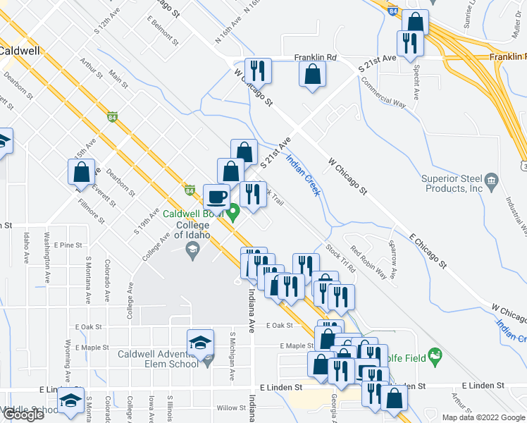 map of restaurants, bars, coffee shops, grocery stores, and more near 121 South 22nd Avenue in Caldwell