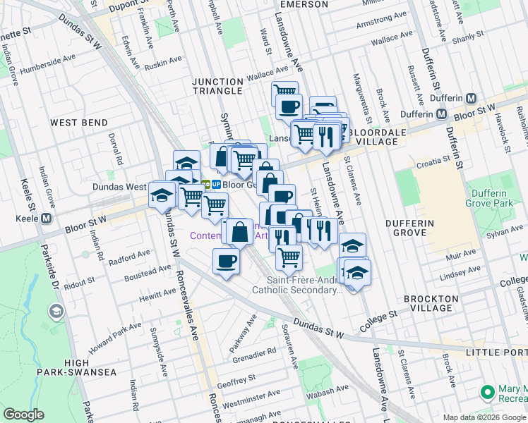 map of restaurants, bars, coffee shops, grocery stores, and more near 227 Sterling Road in Toronto