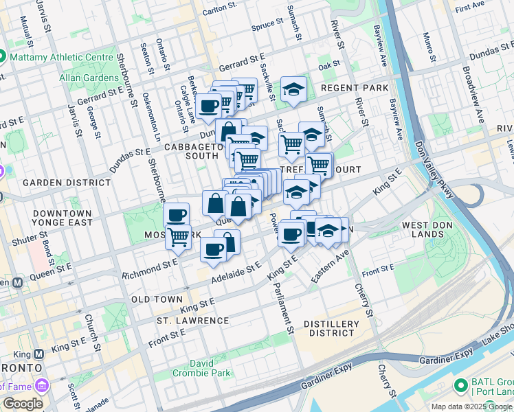 map of restaurants, bars, coffee shops, grocery stores, and more near 352 Queen Street East in Toronto