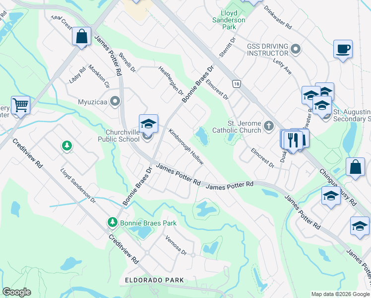 map of restaurants, bars, coffee shops, grocery stores, and more near 3 Chesterwood Crescent in Brampton