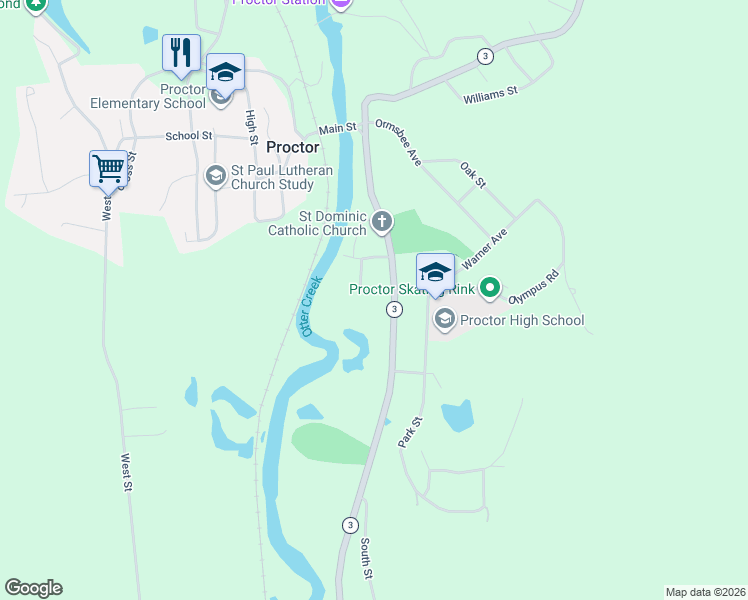 map of restaurants, bars, coffee shops, grocery stores, and more near 9 Grove Street in Proctor