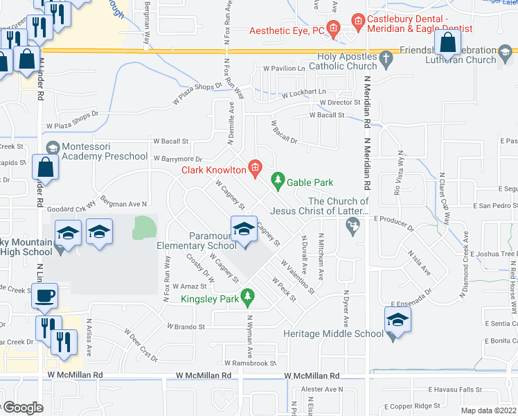 map of restaurants, bars, coffee shops, grocery stores, and more near 489 West Dreyfuss Street in Meridian