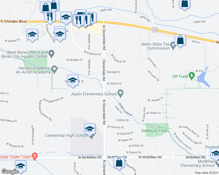 map of restaurants, bars, coffee shops, grocery stores, and more near 12136 West De Meyer Street in Boise