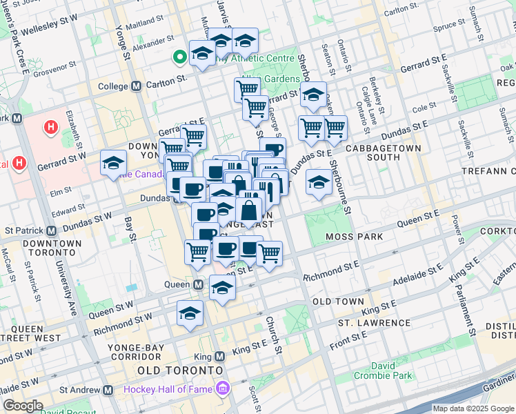 map of restaurants, bars, coffee shops, grocery stores, and more near 78 Mutual Street in Toronto
