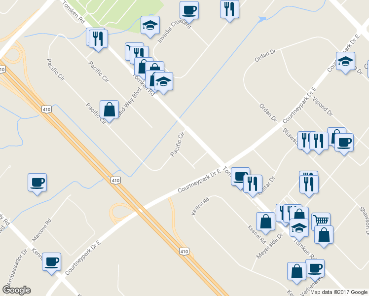 map of restaurants, bars, coffee shops, grocery stores, and more near 7461 Pacific Circle in Mississauga
