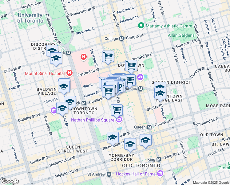 map of restaurants, bars, coffee shops, grocery stores, and more near 600 Bay Street in Toronto