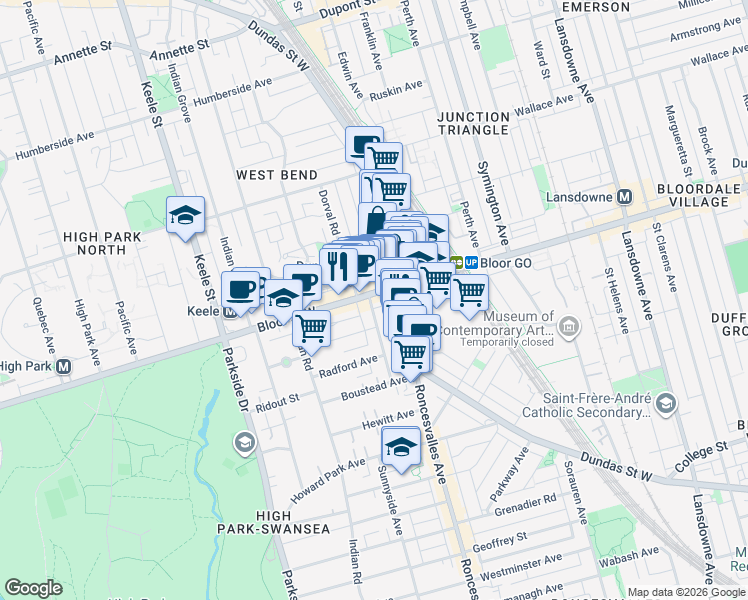 map of restaurants, bars, coffee shops, grocery stores, and more near 1557 Bloor Street West in Toronto
