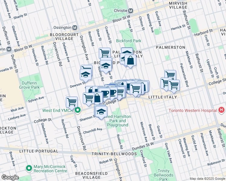 map of restaurants, bars, coffee shops, grocery stores, and more near in Toronto