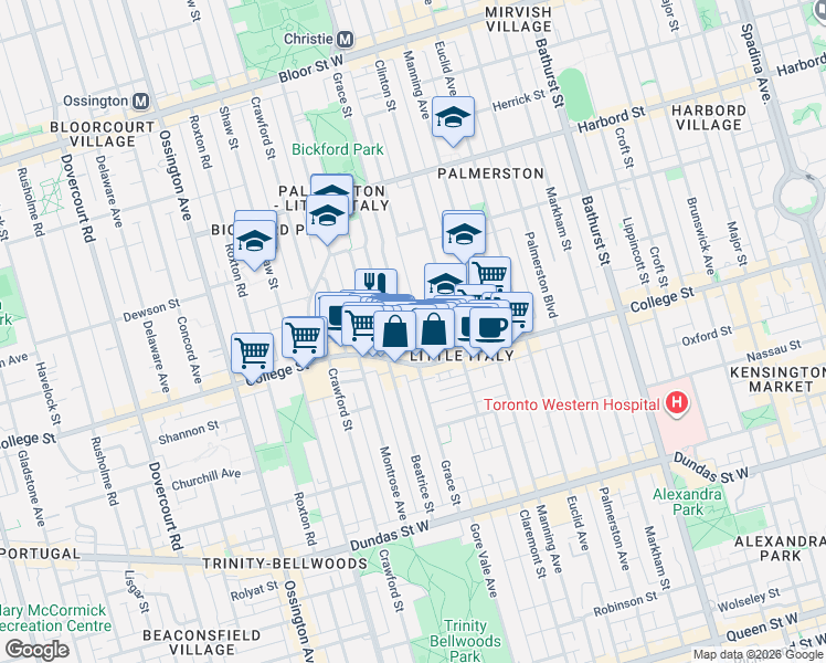 map of restaurants, bars, coffee shops, grocery stores, and more near 175 Grace Street in Toronto