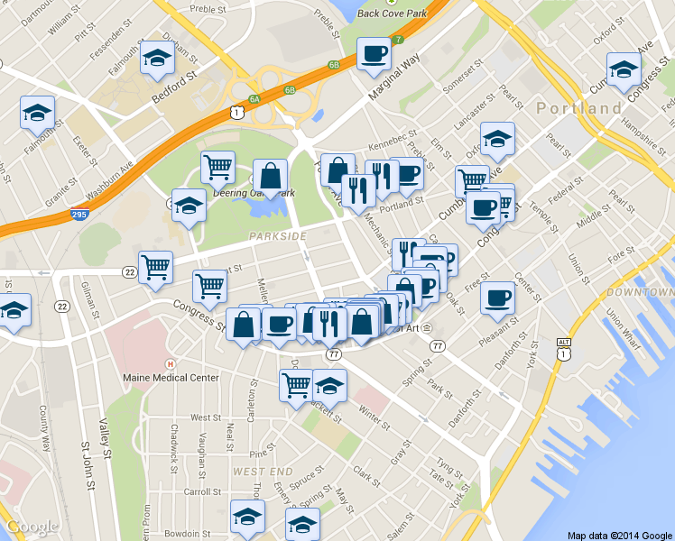 map of restaurants, bars, coffee shops, grocery stores, and more near 31 Sherman Street in Portland