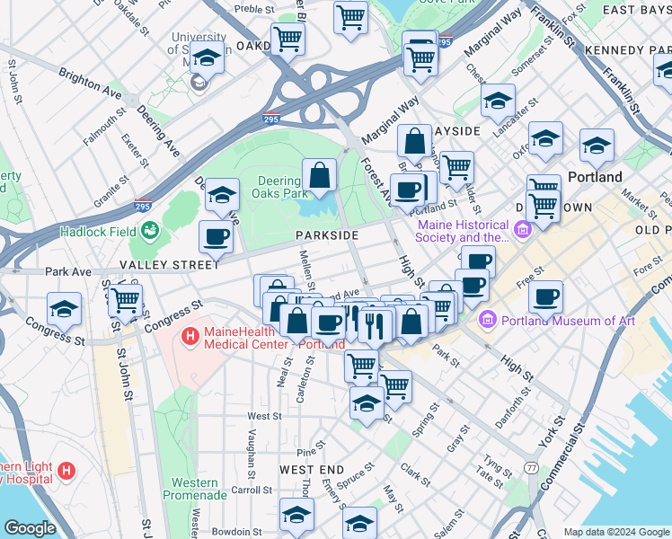 map of restaurants, bars, coffee shops, grocery stores, and more near 61 Sherman Street in Portland