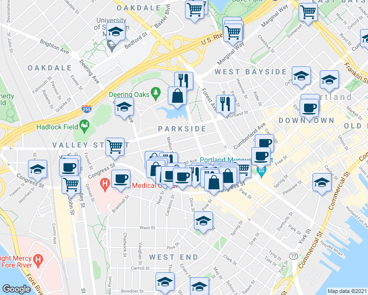 map of restaurants, bars, coffee shops, grocery stores, and more near 61 Sherman Street in Portland