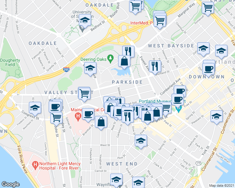 map of restaurants, bars, coffee shops, grocery stores, and more near 83 Mellen Street in Portland