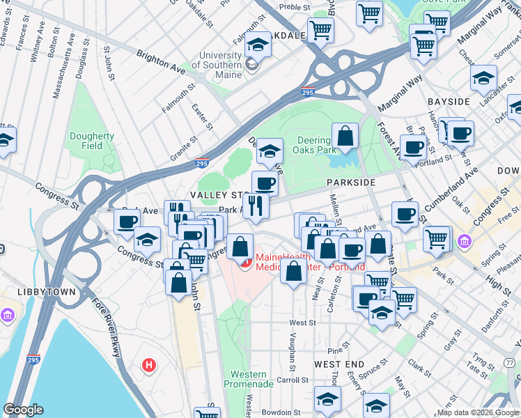 map of restaurants, bars, coffee shops, grocery stores, and more near 196 Park Avenue in Portland