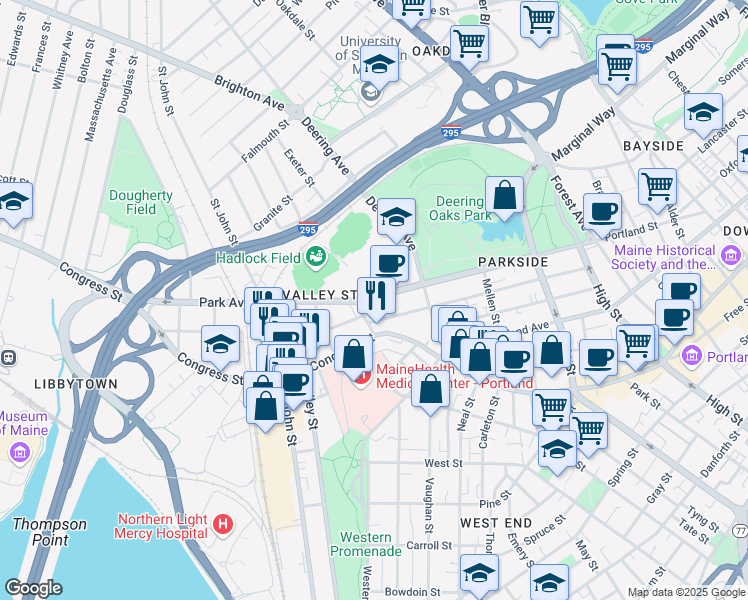 map of restaurants, bars, coffee shops, grocery stores, and more near 196 Park Avenue in Portland