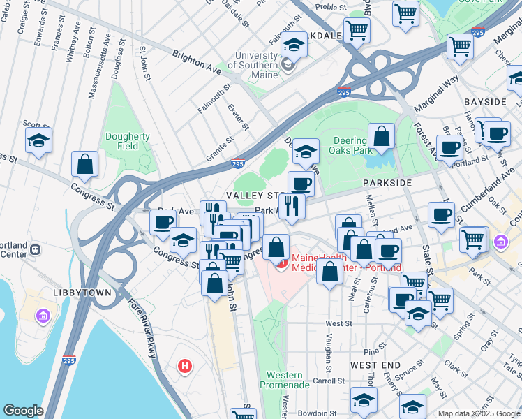 map of restaurants, bars, coffee shops, grocery stores, and more near 45 Forest Street in Portland