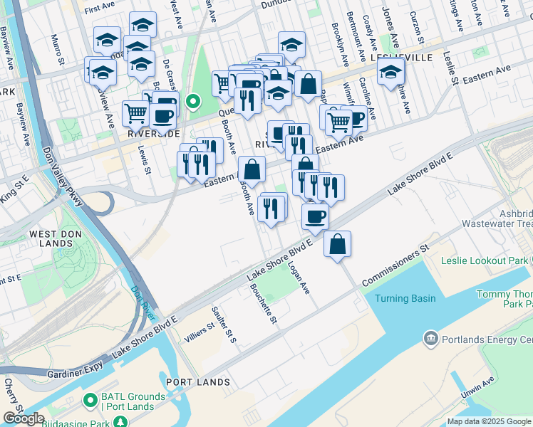 map of restaurants, bars, coffee shops, grocery stores, and more near 50 Logan Avenue in Toronto