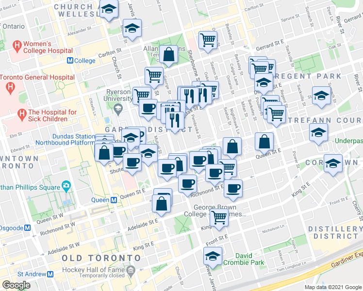 map of restaurants, bars, coffee shops, grocery stores, and more near 215 George Street in Toronto