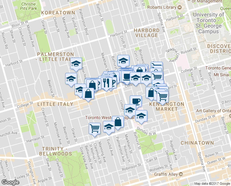 map of restaurants, bars, coffee shops, grocery stores, and more near in Toronto