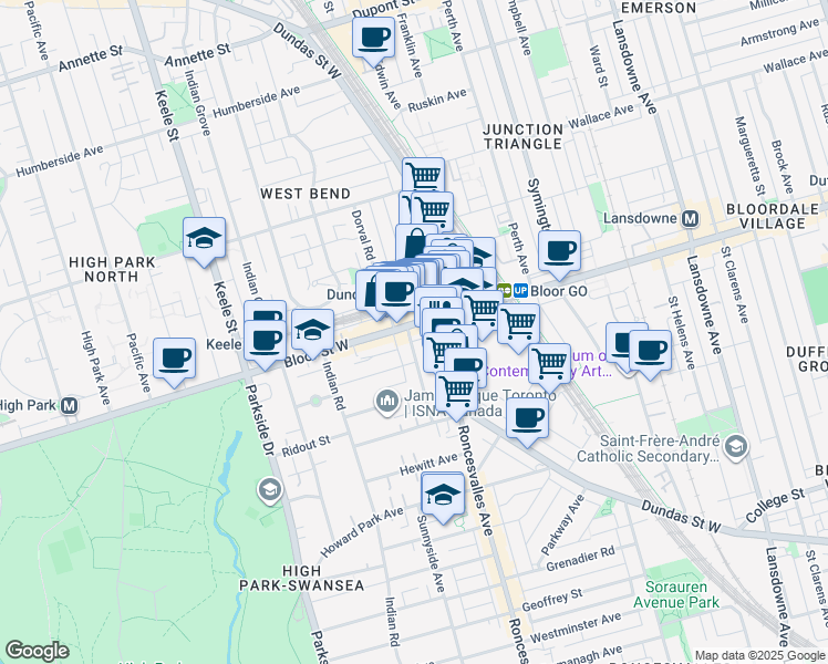 map of restaurants, bars, coffee shops, grocery stores, and more near in Toronto