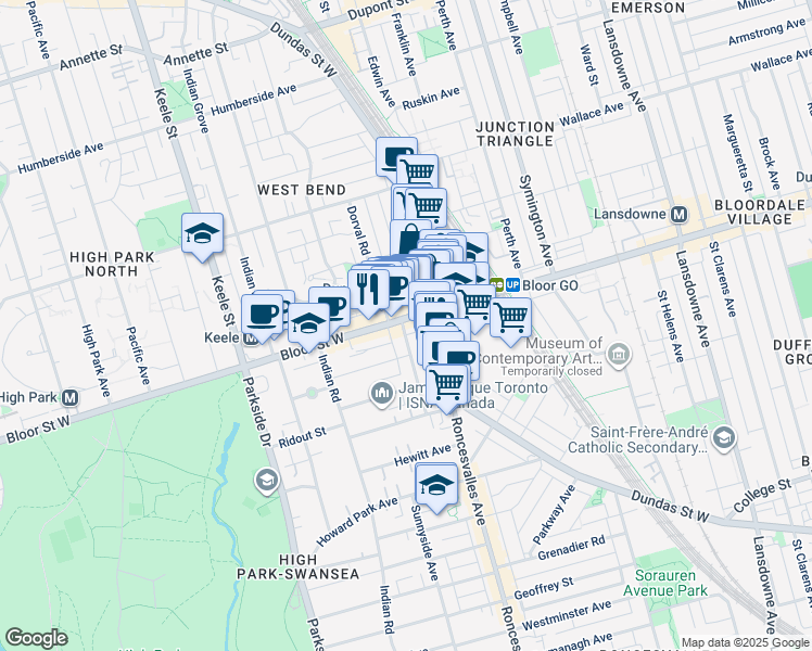 map of restaurants, bars, coffee shops, grocery stores, and more near in Toronto
