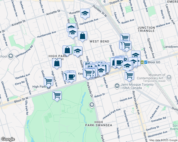 map of restaurants, bars, coffee shops, grocery stores, and more near 21 Keele Street in Toronto