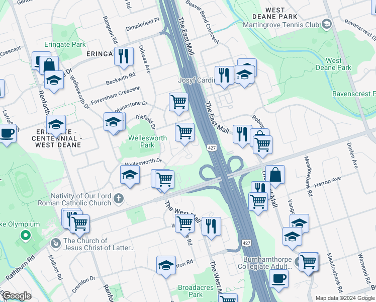 map of restaurants, bars, coffee shops, grocery stores, and more near in Toronto