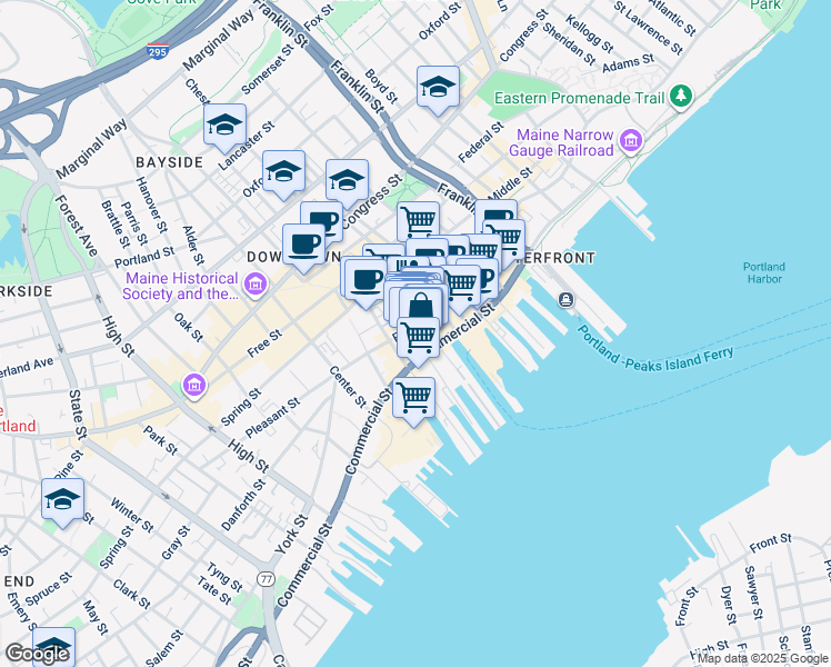 map of restaurants, bars, coffee shops, grocery stores, and more near 422 1/2 Fore Street in Portland