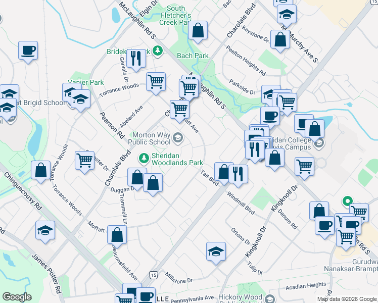 map of restaurants, bars, coffee shops, grocery stores, and more near 67 Morton Way in Brampton