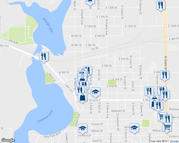map of restaurants, bars, coffee shops, grocery stores, and more near 121 East 4th Street in Fairmont
