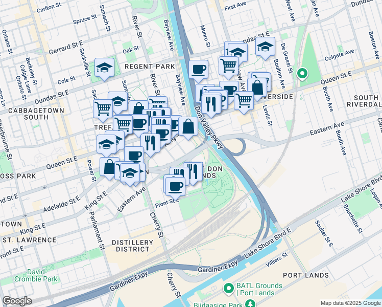 map of restaurants, bars, coffee shops, grocery stores, and more near Lower River Street in Toronto