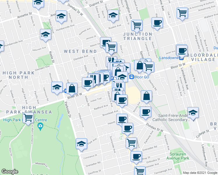 map of restaurants, bars, coffee shops, grocery stores, and more near 1555 Bloor Street West in Toronto