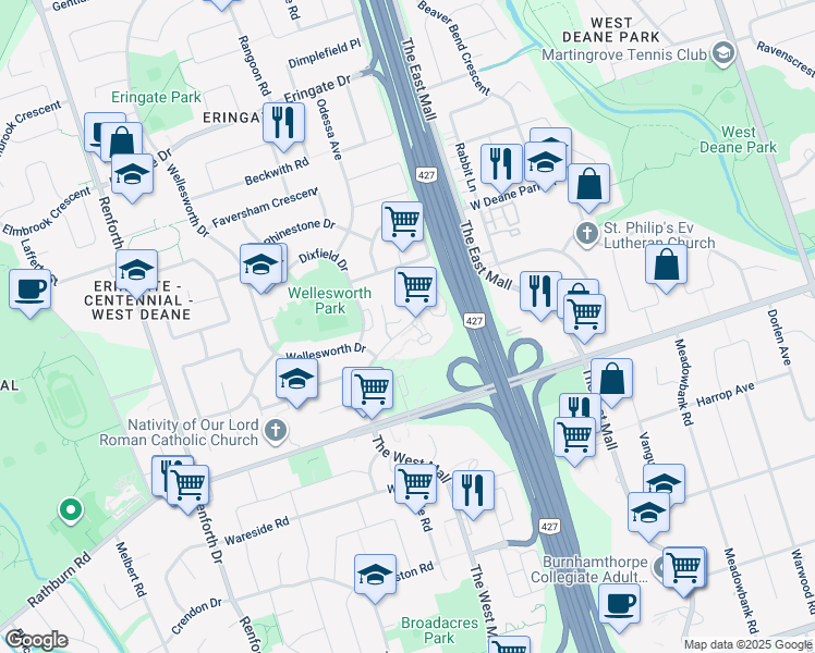 map of restaurants, bars, coffee shops, grocery stores, and more near 714 The West Mall in Toronto