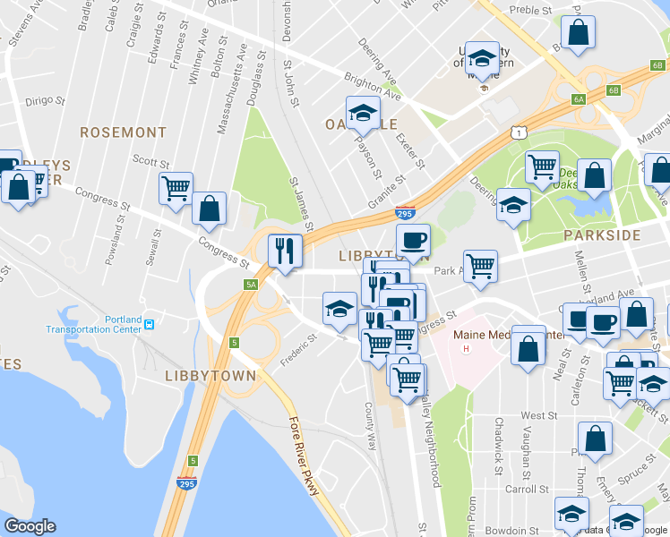 map of restaurants, bars, coffee shops, grocery stores, and more near 349 Park Ave in Portland